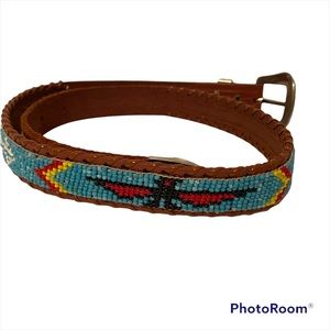 MILOR BELT BROWN TOOLED LEATHER SOUTHWEST BEADS BLUE SILVER TONE BUCKLE Size S